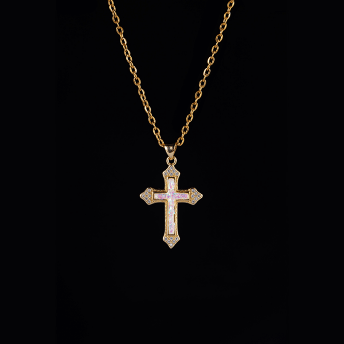 5A Cubic Zirconia Opal Cross Pendant | Titanium Steel Streetwear Statement Piece