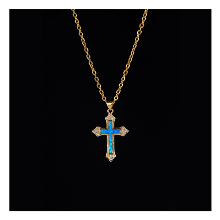 5A Cubic Zirconia Opal Cross Pendant | Titanium Steel Streetwear Statement Piece