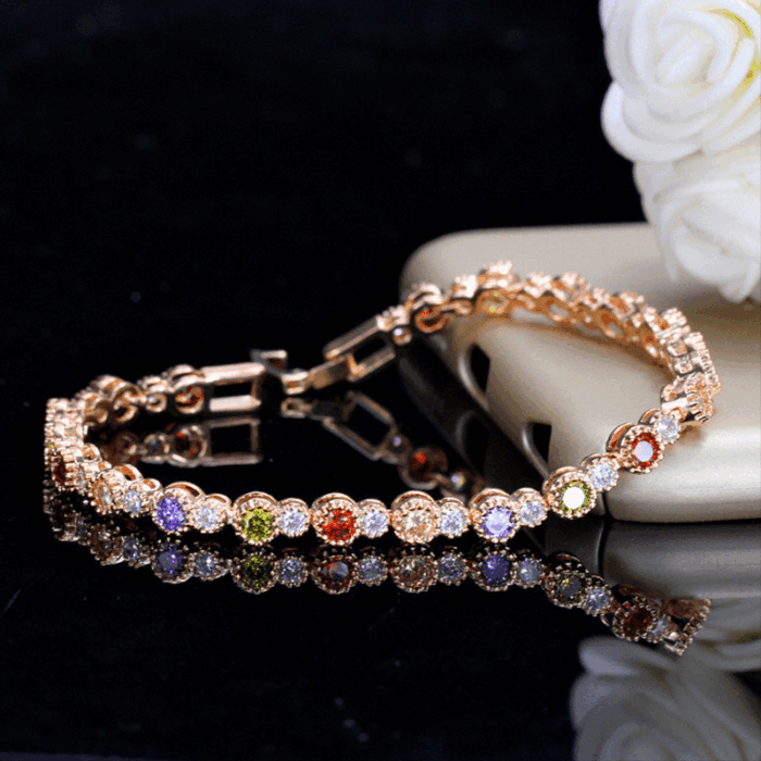 5A CZ Round Patchwork Colorful Bracelet | Gold-Tone Brass Alloy Niche Street Fashion