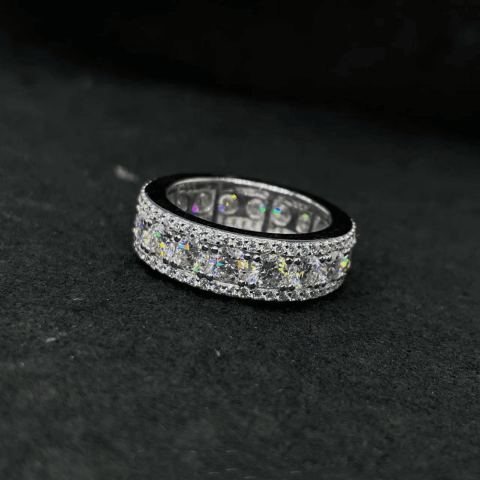 925 Sterling Silver 4mm Three-Row Full Moissanite Ring