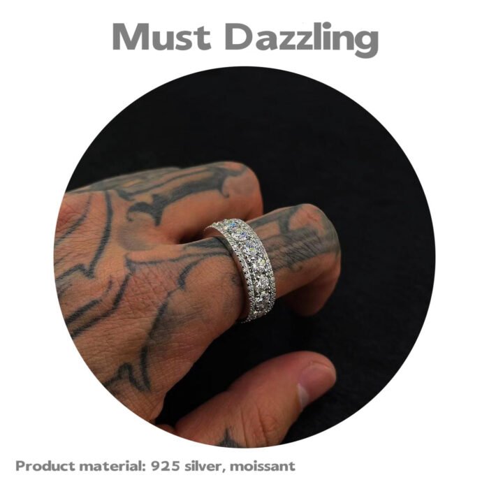 925 Sterling Silver 4mm Three-Row Full Moissanite Ring