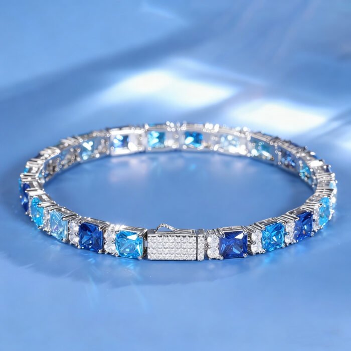 925 Sterling Silver Zirconia Bracelet - Celebrity Inspired Glacier Blue Full Stone Design