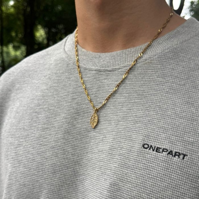 Titanium Steel 5A Zircon 'Golden Branch and Jade Leaf' Pendant Necklace Unisex