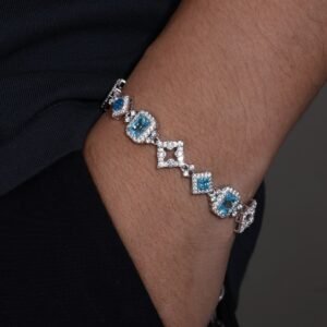IMG_9903 925 Sterling Silver 5A Zirconia Bracelet - Glacier Heart Square Cut Blue Sugar Stone Design, Luxury Plated Fashion Jewelry