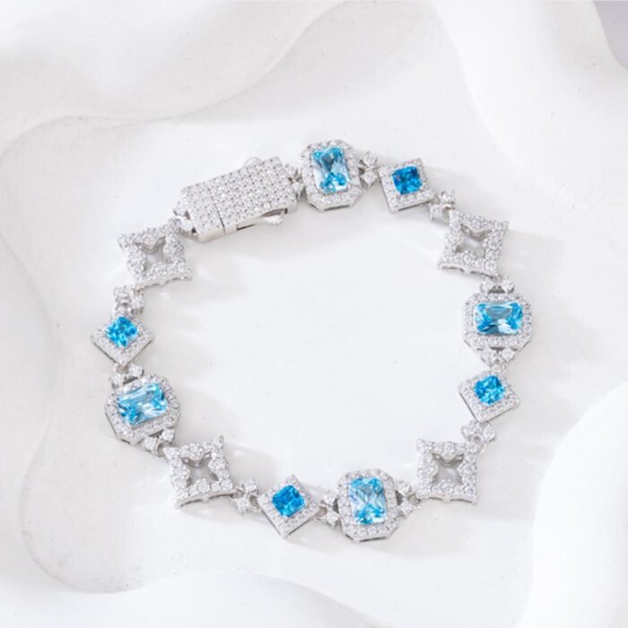925 Sterling Silver 5A Zirconia Bracelet - Glacier Heart Square Cut Blue Sugar Stone Design, Luxury Plated Fashion Jewelry