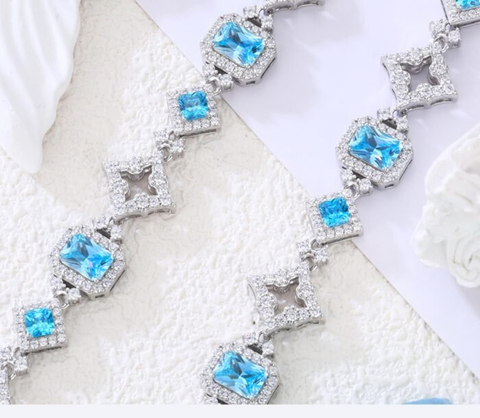 925 Sterling Silver 5A Zirconia Bracelet - Glacier Heart Square Cut Blue Sugar Stone Design, Luxury Plated Fashion Jewelry