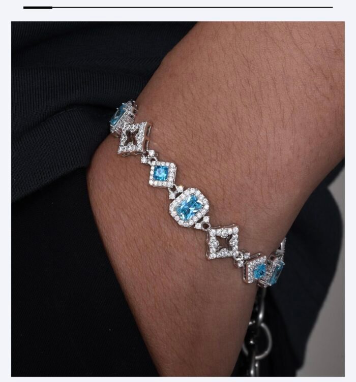 925 Sterling Silver 5A Zirconia Bracelet - Glacier Heart Square Cut Blue Sugar Stone Design, Luxury Plated Fashion Jewelry
