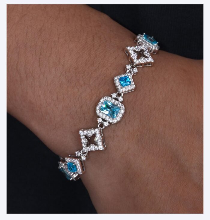 925 Sterling Silver 5A Zirconia Bracelet - Glacier Heart Square Cut Blue Sugar Stone Design, Luxury Plated Fashion Jewelry