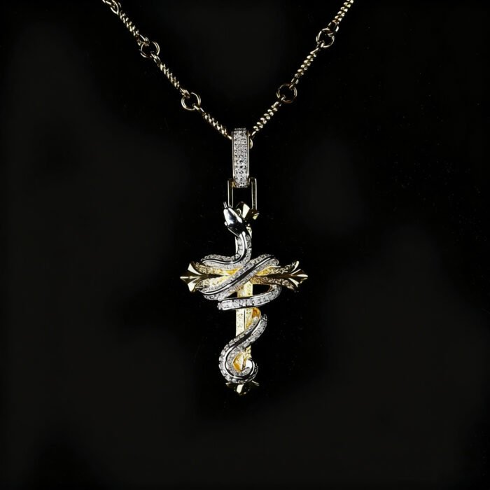 Double-Sided King Snake Cross Pendant | Brass Alloy 5A Cubic Zirconia Carved Style