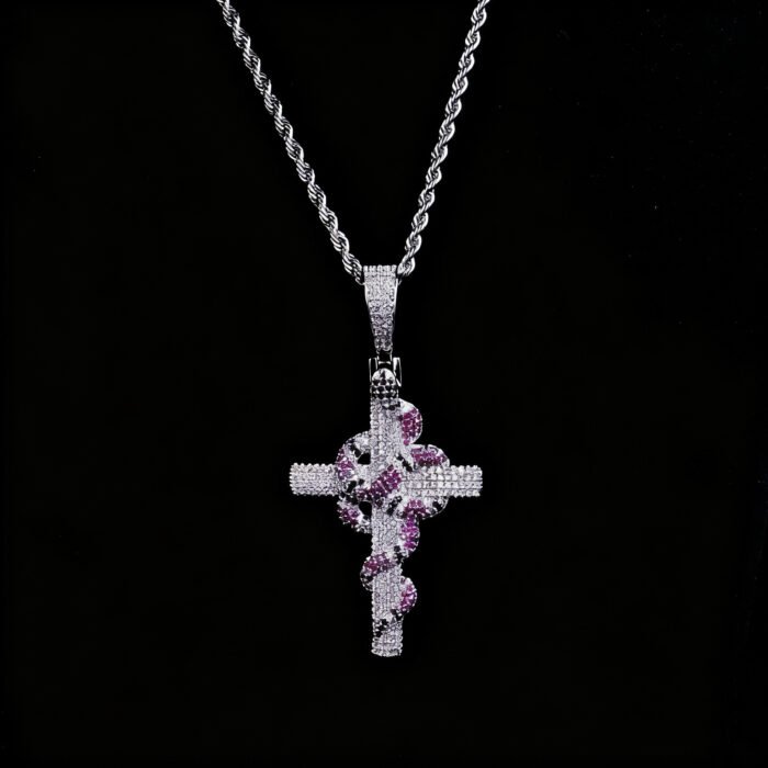 Brass Alloy 5A CZ Pendant Necklace - Coral Snake Cross Hip Hop Trendy Design