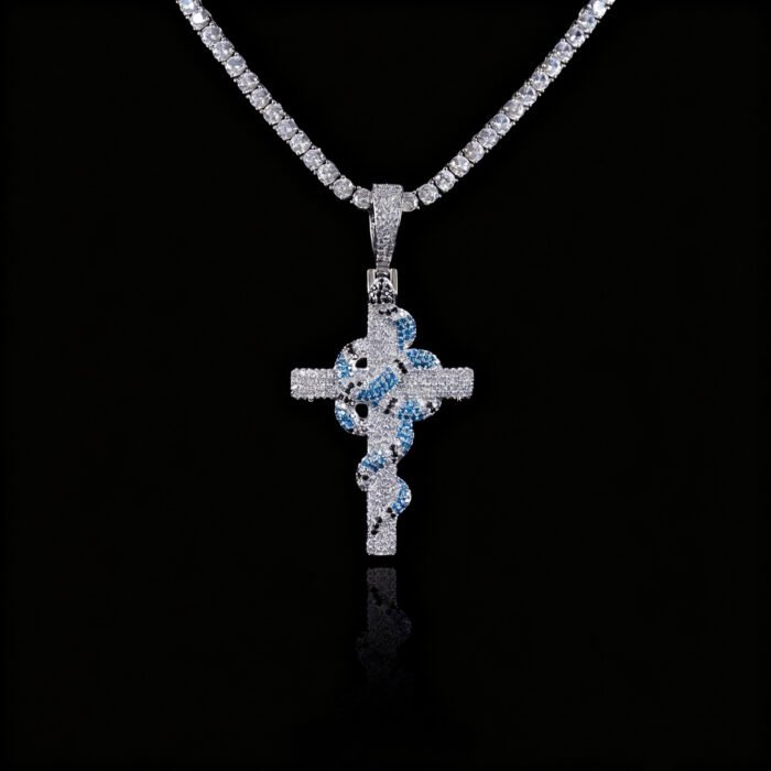 Brass Alloy 5A CZ Pendant Necklace - Coral Snake Cross Hip Hop Trendy Design