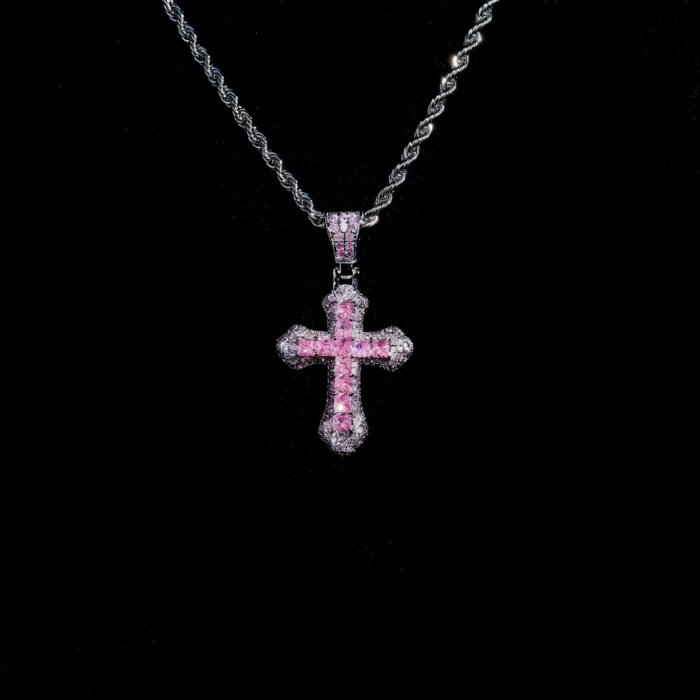 Hip Hop Cross Necklace - Brass Alloy Synthetic CZ Pendant Retro Pink & Blue Trendy Design