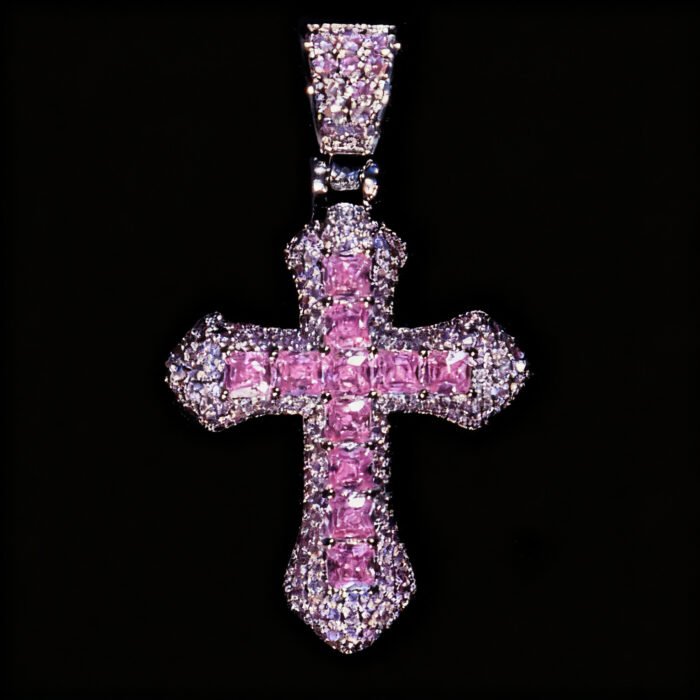 Hip Hop Cross Necklace - Brass Alloy Synthetic CZ Pendant Retro Pink & Blue Trendy Design