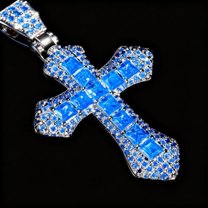 Hip Hop Cross Necklace - Brass Alloy Synthetic CZ Pendant Retro Pink & Blue Trendy Design