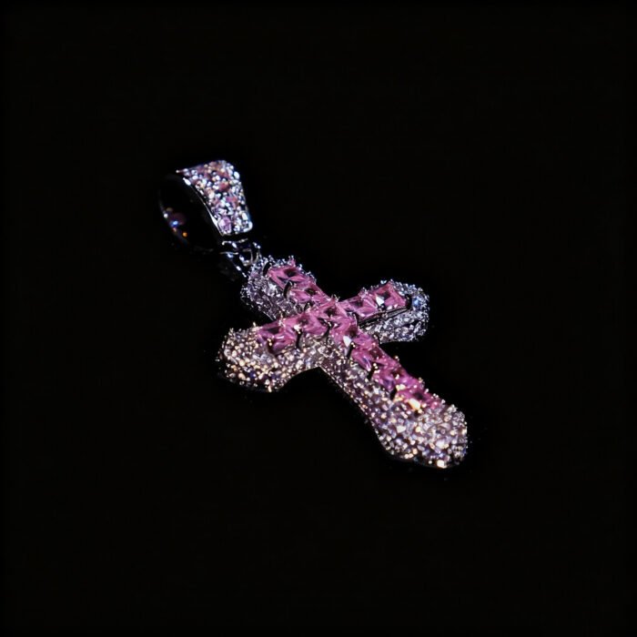 Hip Hop Cross Necklace - Brass Alloy Synthetic CZ Pendant Retro Pink & Blue Trendy Design